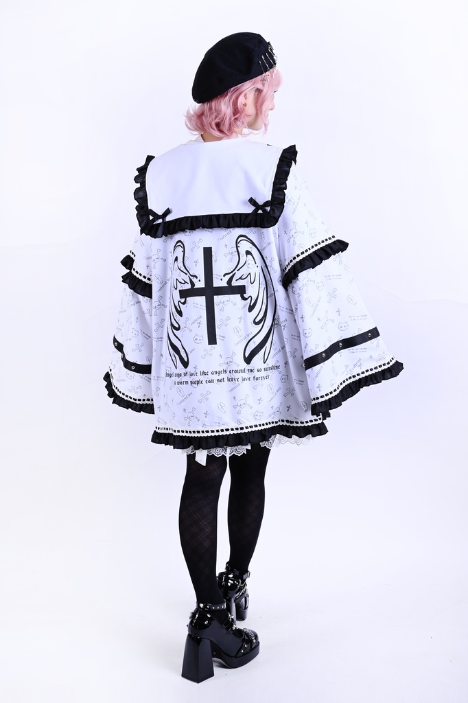 Jillpunk 和洋折衷 和洋風 ゴシック 愛の公式 天使羽根柄 クロスチャーム付き フリルヘム 着物袖 セーラージャケット 男女兼用 オリジナル メンズ レディー V系 カッコいい おしゃれ 男女兼用ファッション