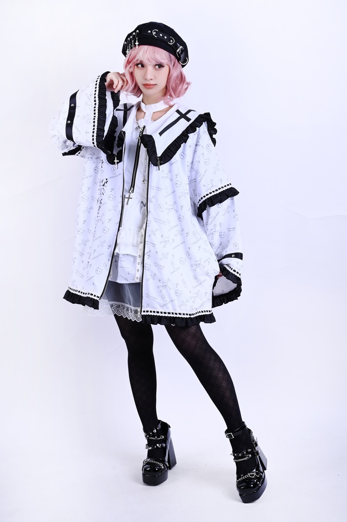 Jillpunk 和洋折衷 和洋風 ゴシック 愛の公式 天使羽根柄 クロスチャーム付き フリルヘム 着物袖 セーラージャケット 男女兼用 オリジナル メンズ レディー V系 カッコいい おしゃれ 男女兼用ファッション