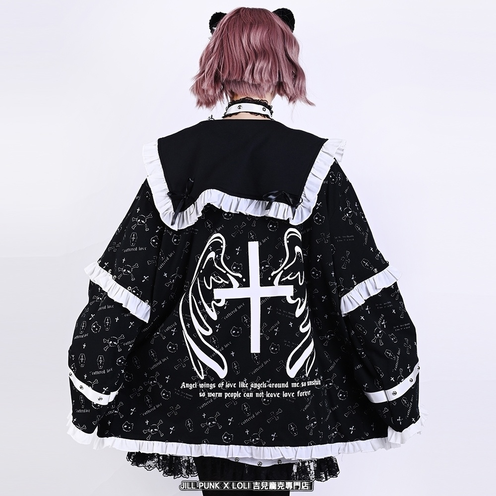 Jillpunk 和洋折衷 和洋風 ゴシック 愛の公式 天使羽根柄 クロスチャーム付き フリルヘム 着物袖 セーラージャケット 男女兼用 オリジナル メンズ レディー V系 カッコいい おしゃれ 男女兼用ファッション