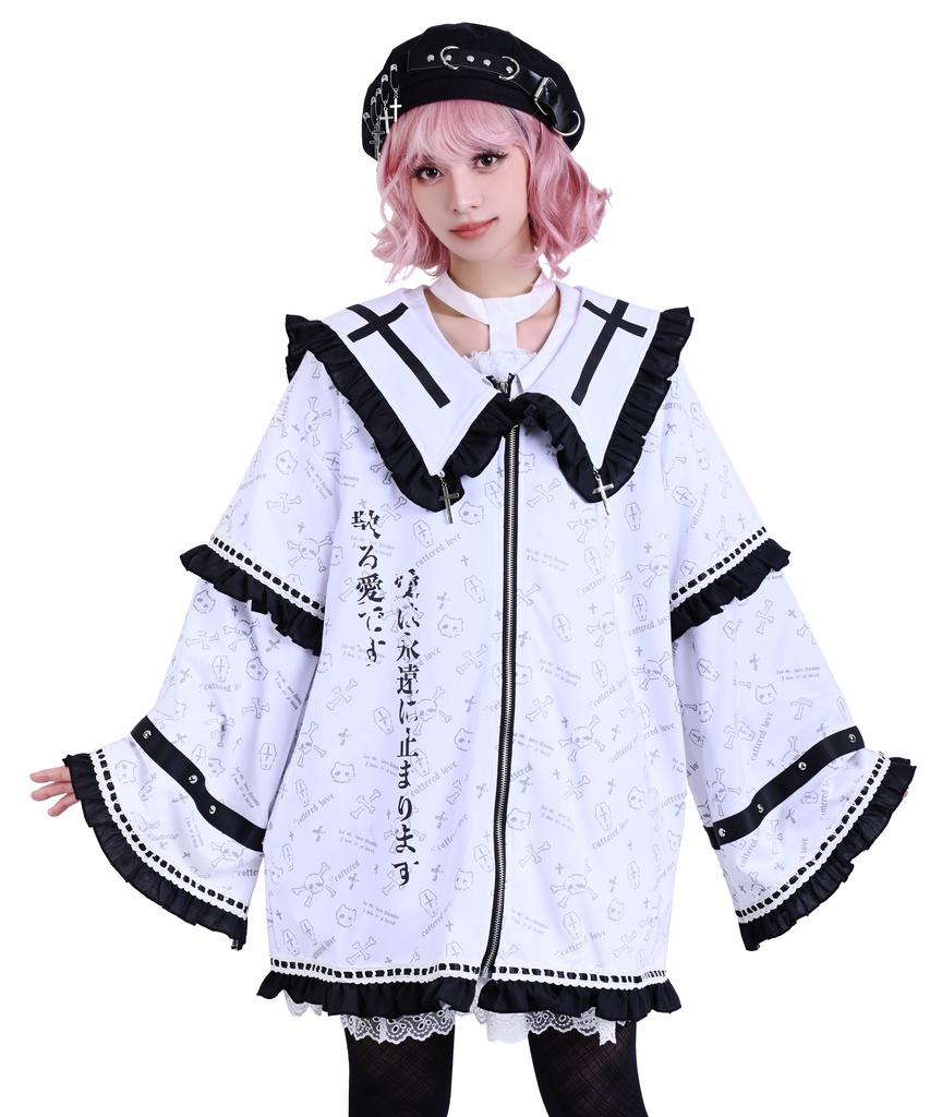 Jillpunk 和洋折衷 和洋風 ゴシック 愛の公式 天使羽根柄 クロスチャーム付き フリルヘム 着物袖 セーラージャケット 男女兼用 オリジナル メンズ レディー V系 カッコいい おしゃれ 男女兼用ファッション