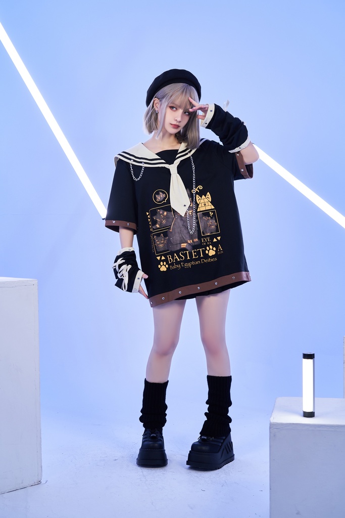 Jillpunk芝麻コラボ お宅 ニ次コン エジプト神話ベビー バステト猫の女神 鎖チェーン アームカバー付き ゆったり 半袖 ネクタイセーラー服 Tシャツ オリジナル メンズ レディーズ おしゃれ 男女兼用 ファッション 秋葉系 可愛い 猫系