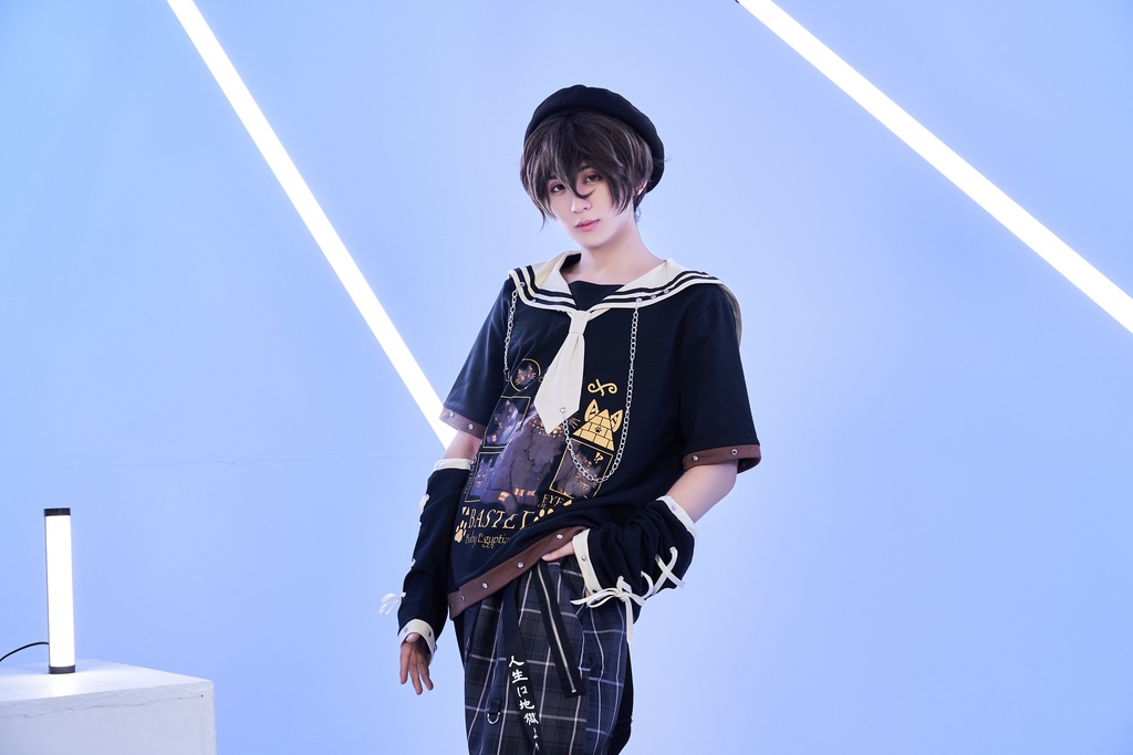 Jillpunk芝麻コラボ お宅 ニ次コン エジプト神話ベビー バステト猫の女神 鎖チェーン アームカバー付き ゆったり 半袖 ネクタイセーラー服 Tシャツ オリジナル メンズ レディーズ おしゃれ 男女兼用 ファッション 秋葉系 可愛い 猫系