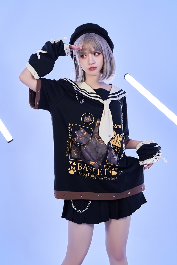 Jillpunk芝麻コラボ お宅 ニ次コン エジプト神話ベビー バステト猫の女神 鎖チェーン アームカバー付き ゆったり 半袖 ネクタイセーラー服 Tシャツ オリジナル メンズ レディーズ おしゃれ 男女兼用 ファッション 秋葉系 可愛い 猫系