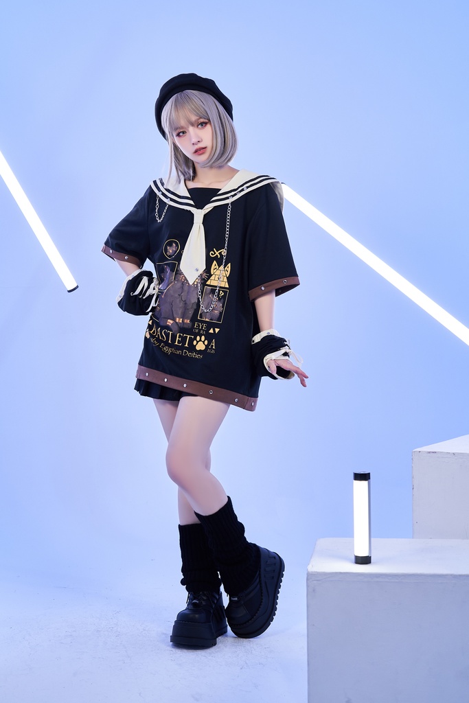 Jillpunk芝麻コラボ お宅 ニ次コン エジプト神話ベビー バステト猫の女神 鎖チェーン アームカバー付き ゆったり 半袖 ネクタイセーラー服 Tシャツ オリジナル メンズ レディーズ おしゃれ 男女兼用 ファッション 秋葉系 可愛い 猫系