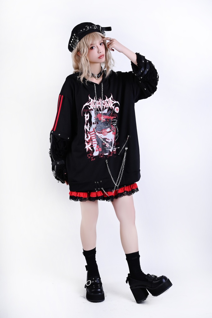 Jillpunk サイバー エレクトロ猫 パンクロック 可愛いパンク バンギャ 鎖チェーン付き 取り外し可能袖 ゆったり ダメージ加工 猫耳パーカー オリジナル メンズ レディーズ おしゃれ男女兼用 お洒落 ファッション カッコいい