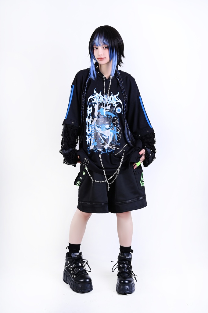 Jillpunk サイバー エレクトロ猫 パンクロック 可愛いパンク バンギャ 鎖チェーン付き 取り外し可能袖 ゆったり ダメージ加工 猫耳パーカー オリジナル メンズ レディーズ おしゃれ男女兼用 お洒落 ファッション カッコいい