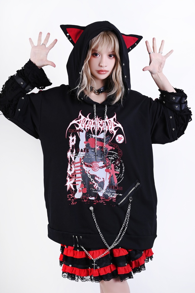 Jillpunk サイバー エレクトロ猫 パンクロック 可愛いパンク バンギャ 鎖チェーン付き 取り外し可能袖 ゆったり ダメージ加工 猫耳パーカー オリジナル メンズ レディーズ おしゃれ男女兼用 お洒落 ファッション カッコいい