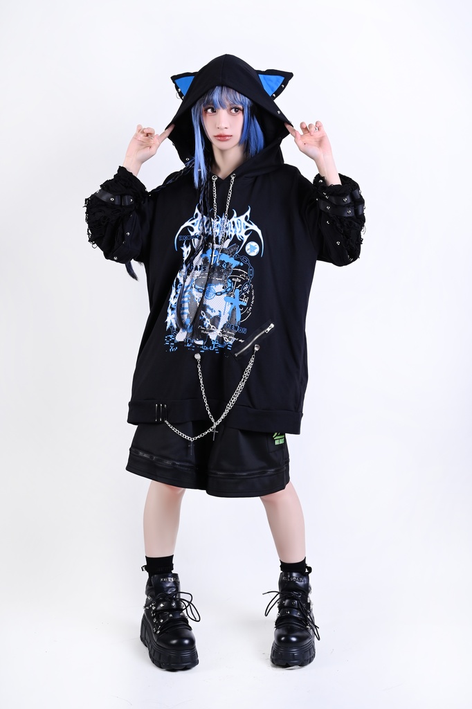 Jillpunk サイバー エレクトロ猫 パンクロック 可愛いパンク バンギャ 鎖チェーン付き 取り外し可能袖 ゆったり ダメージ加工 猫耳パーカー オリジナル メンズ レディーズ おしゃれ男女兼用 お洒落 ファッション カッコいい