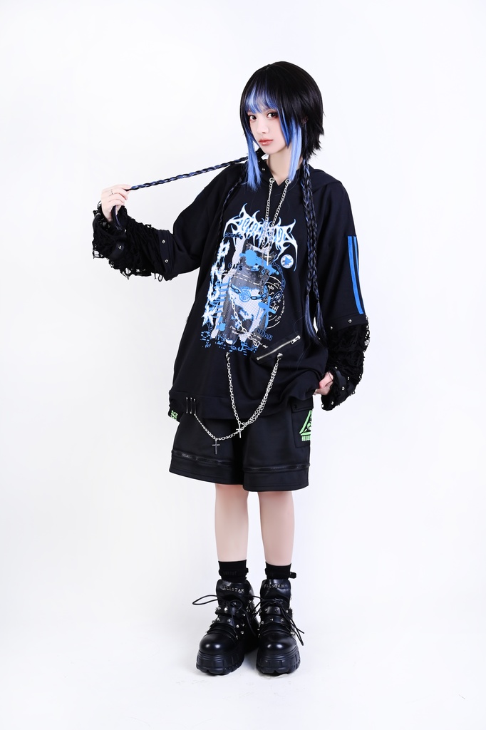 Jillpunk サイバー エレクトロ猫 パンクロック 可愛いパンク バンギャ 鎖チェーン付き 取り外し可能袖 ゆったり ダメージ加工 猫耳パーカー オリジナル メンズ レディーズ おしゃれ男女兼用 お洒落 ファッション カッコいい