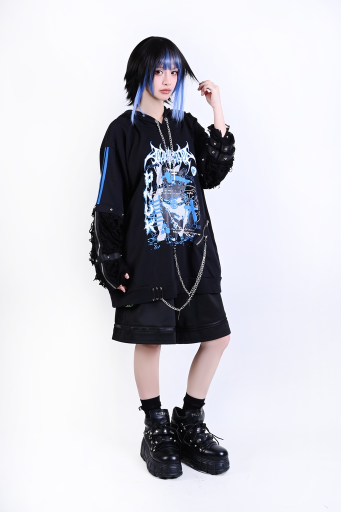 Jillpunk サイバー エレクトロ猫 パンクロック 可愛いパンク バンギャ 鎖チェーン付き 取り外し可能袖 ゆったり ダメージ加工 猫耳パーカー オリジナル メンズ レディーズ おしゃれ男女兼用 お洒落 ファッション カッコいい