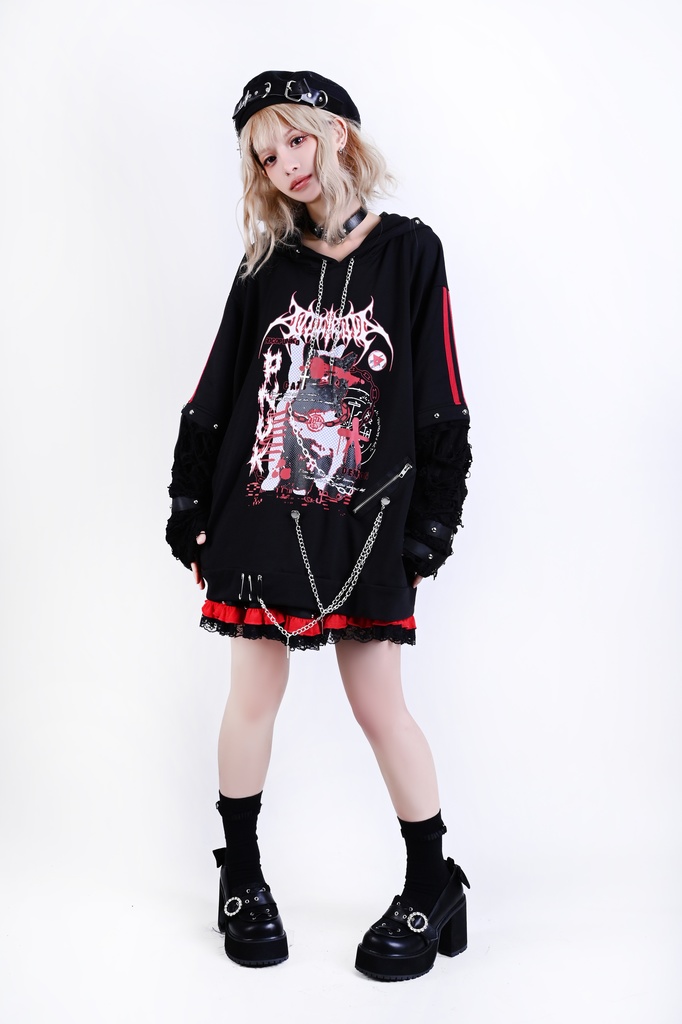 Jillpunk サイバー エレクトロ猫 パンクロック 可愛いパンク バンギャ 鎖チェーン付き 取り外し可能袖 ゆったり ダメージ加工 猫耳パーカー オリジナル メンズ レディーズ おしゃれ男女兼用 お洒落 ファッション カッコいい