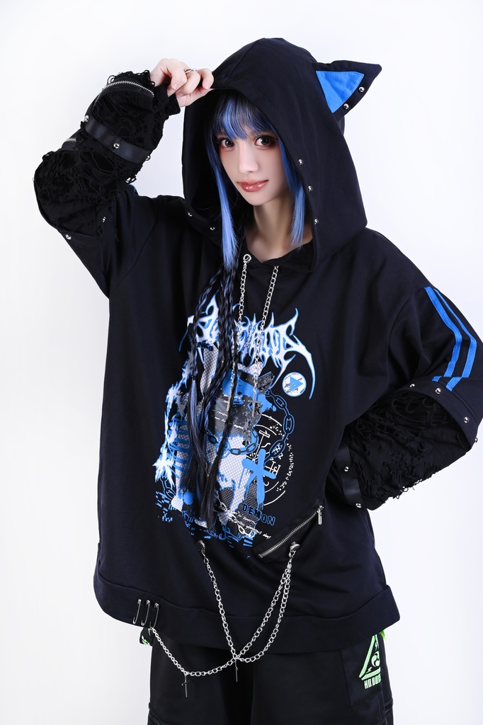 Jillpunk サイバー エレクトロ猫 パンクロック 可愛いパンク バンギャ 鎖チェーン付き 取り外し可能袖 ゆったり ダメージ加工 猫耳パーカー オリジナル メンズ レディーズ おしゃれ男女兼用 お洒落 ファッション カッコいい