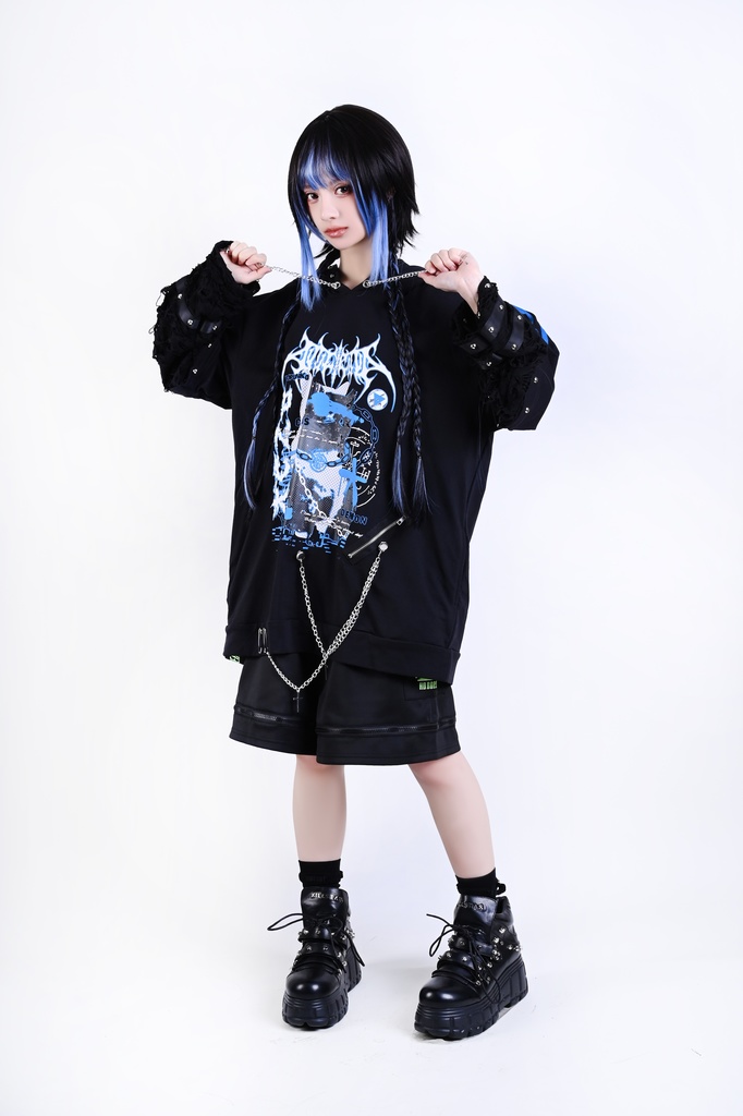 Jillpunk サイバー エレクトロ猫 パンクロック 可愛いパンク バンギャ 鎖チェーン付き 取り外し可能袖 ゆったり ダメージ加工 猫耳パーカー オリジナル メンズ レディーズ おしゃれ男女兼用 お洒落 ファッション カッコいい