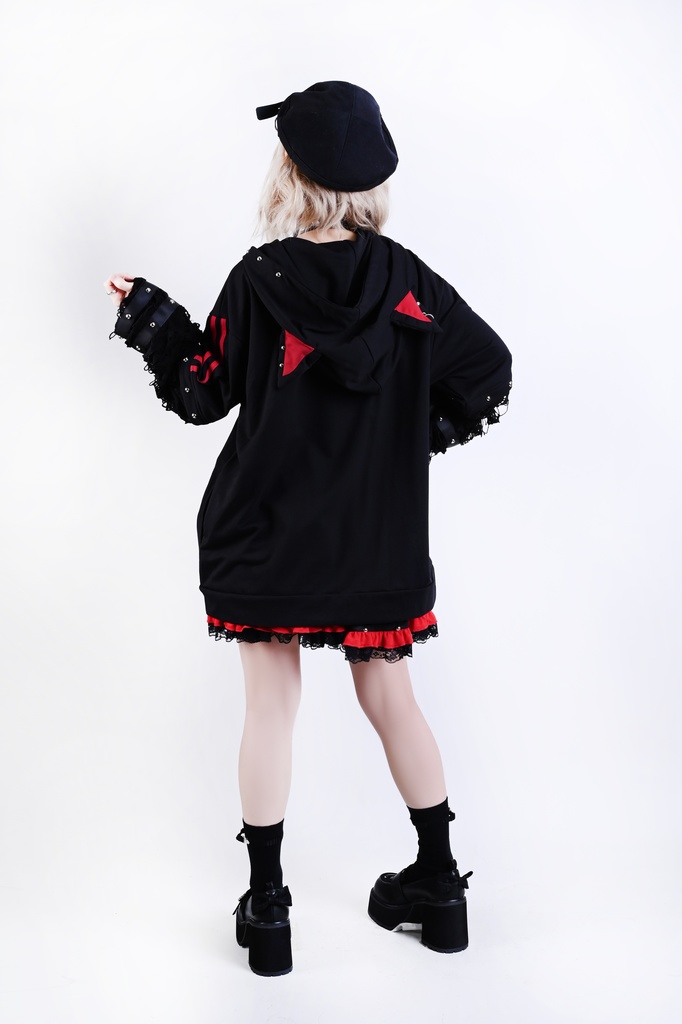 Jillpunk サイバー エレクトロ猫 パンクロック 可愛いパンク バンギャ 鎖チェーン付き 取り外し可能袖 ゆったり ダメージ加工 猫耳パーカー オリジナル メンズ レディーズ おしゃれ男女兼用 お洒落 ファッション カッコいい