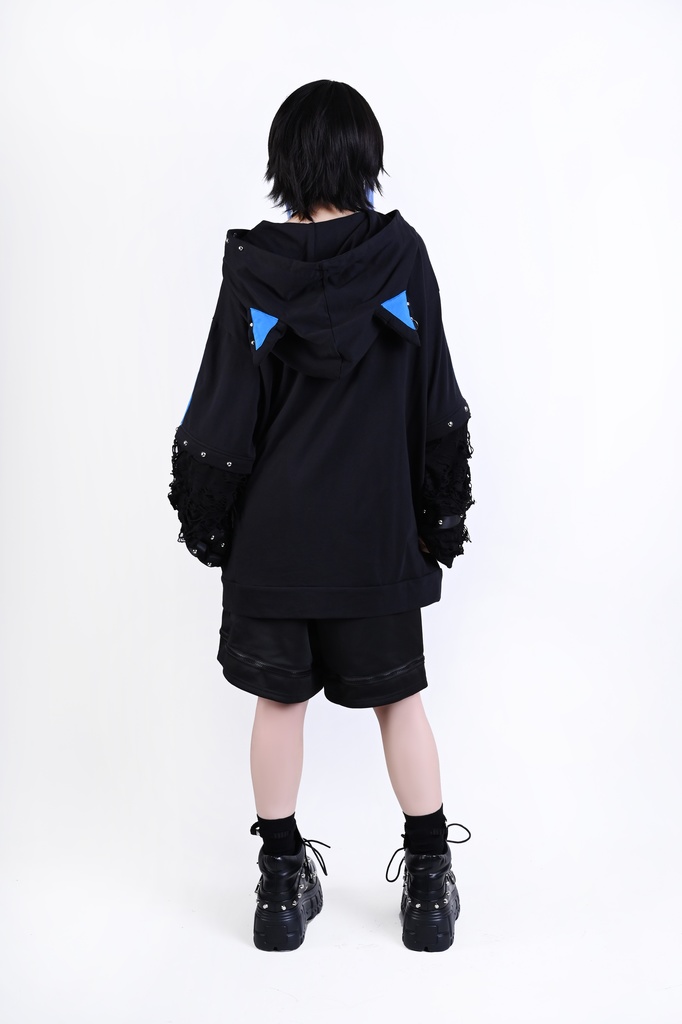 Jillpunk サイバー エレクトロ猫 パンクロック 可愛いパンク バンギャ 鎖チェーン付き 取り外し可能袖 ゆったり ダメージ加工 猫耳パーカー オリジナル メンズ レディーズ おしゃれ男女兼用 お洒落 ファッション カッコいい