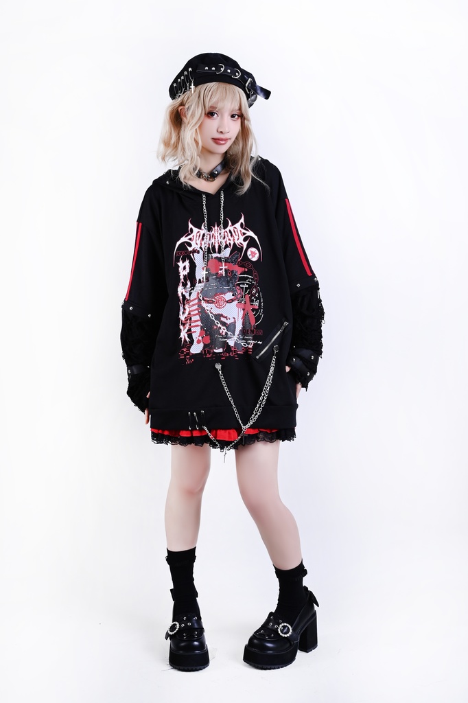 Jillpunk サイバー エレクトロ猫 パンクロック 可愛いパンク バンギャ 鎖チェーン付き 取り外し可能袖 ゆったり ダメージ加工 猫耳パーカー オリジナル メンズ レディーズ おしゃれ男女兼用 お洒落 ファッション カッコいい