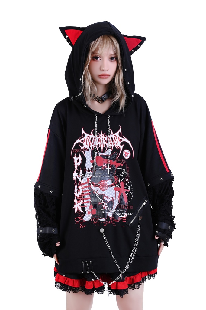 Jillpunk サイバー エレクトロ猫 パンクロック 可愛いパンク バンギャ 鎖チェーン付き 取り外し可能袖 ゆったり ダメージ加工 猫耳パーカー オリジナル メンズ レディーズ おしゃれ男女兼用 お洒落 ファッション カッコいい