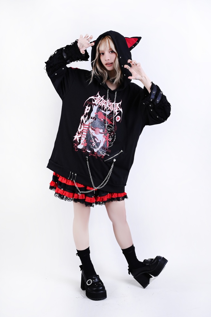 Jillpunk サイバー エレクトロ猫 パンクロック 可愛いパンク バンギャ 鎖チェーン付き 取り外し可能袖 ゆったり ダメージ加工 猫耳パーカー オリジナル メンズ レディーズ おしゃれ男女兼用 お洒落 ファッション カッコいい