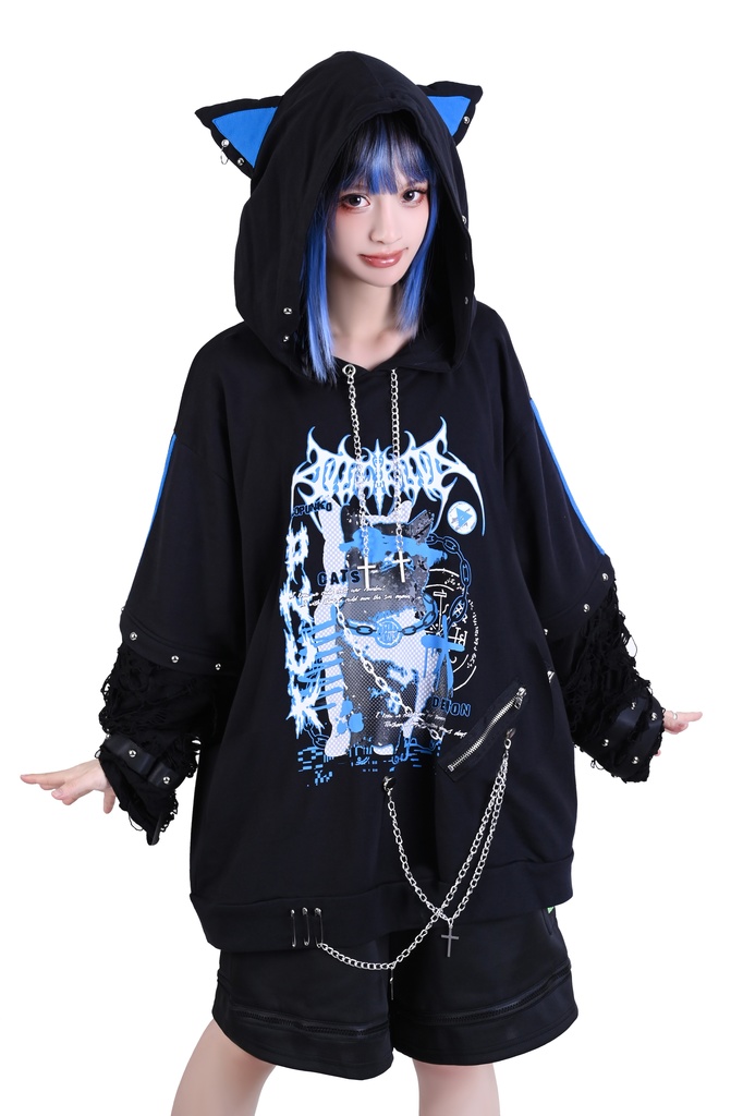 Jillpunk サイバー エレクトロ猫 パンクロック 可愛いパンク バンギャ 鎖チェーン付き 取り外し可能袖 ゆったり ダメージ加工 猫耳パーカー オリジナル メンズ レディーズ おしゃれ男女兼用 お洒落 ファッション カッコいい