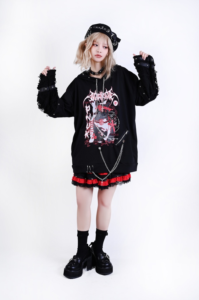 Jillpunk サイバー エレクトロ猫 パンクロック 可愛いパンク バンギャ 鎖チェーン付き 取り外し可能袖 ゆったり ダメージ加工 猫耳パーカー オリジナル メンズ レディーズ おしゃれ男女兼用 お洒落 ファッション カッコいい