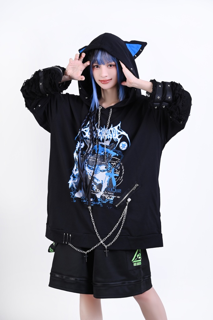 Jillpunk サイバー エレクトロ猫 パンクロック 可愛いパンク バンギャ 鎖チェーン付き 取り外し可能袖 ゆったり ダメージ加工 猫耳パーカー オリジナル メンズ レディーズ おしゃれ男女兼用 お洒落 ファッション カッコいい