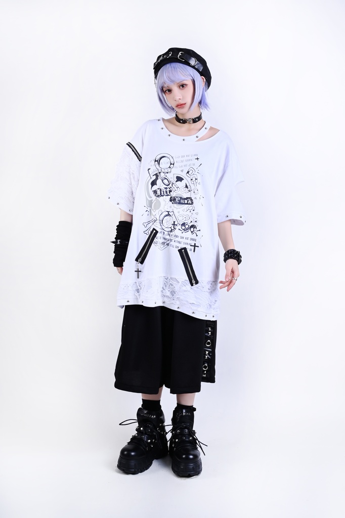 Jillpunk パンクロック V系 バンギャ 囚徒転生 羽柄 チャック スダッズ細工 カットアウト ダメージ加工 ゆったり 半袖Tシャツ カットソー オリジナル メンズ レディーズ おしゃれ男女兼用 お洒落 ファッション カッコいい