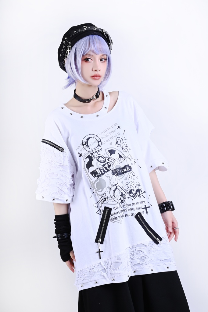 Jillpunk パンクロック V系 バンギャ 囚徒転生 羽柄 チャック スダッズ細工 カットアウト ダメージ加工 ゆったり 半袖Tシャツ カットソー オリジナル メンズ レディーズ おしゃれ男女兼用 お洒落 ファッション カッコいい