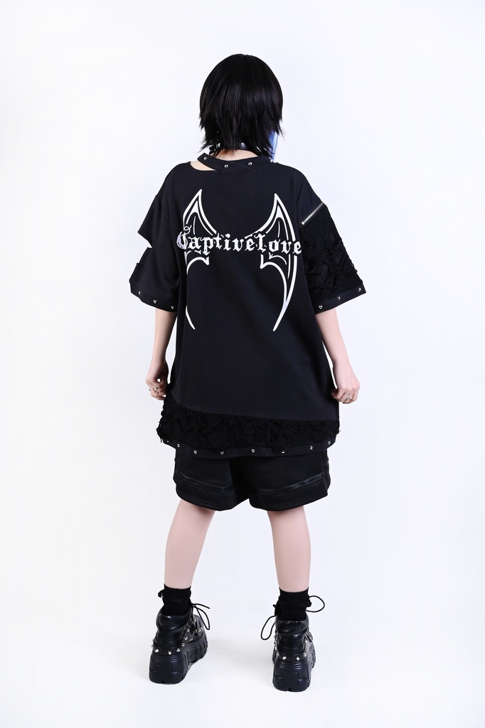 Jillpunk パンクロック V系 バンギャ 囚徒転生 羽柄 チャック スダッズ細工 カットアウト ダメージ加工 ゆったり 半袖Tシャツ カットソー オリジナル メンズ レディーズ おしゃれ男女兼用 お洒落 ファッション カッコいい