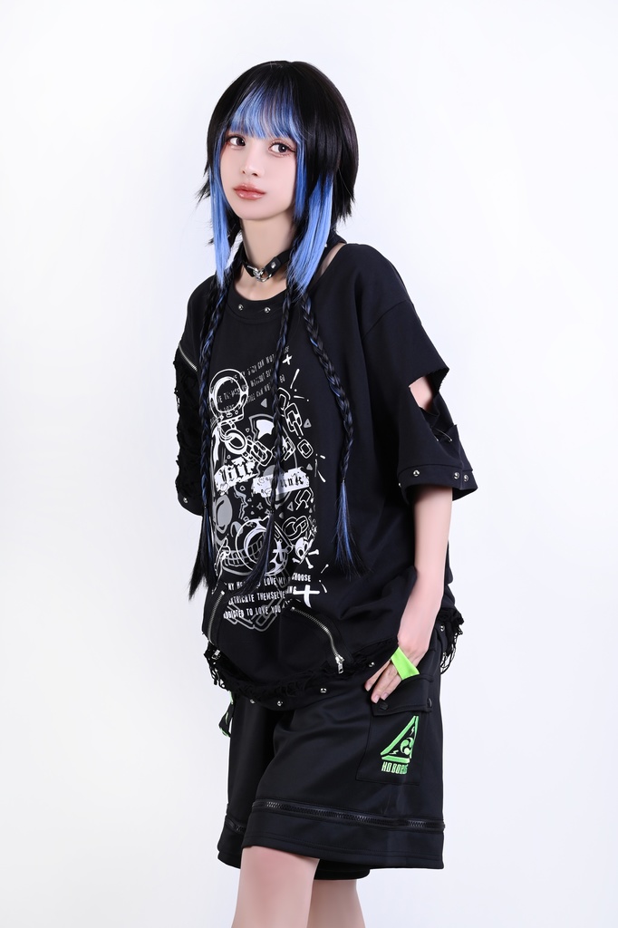 Jillpunk パンクロック V系 バンギャ 囚徒転生 羽柄 チャック スダッズ細工 カットアウト ダメージ加工 ゆったり 半袖Tシャツ カットソー オリジナル メンズ レディーズ おしゃれ男女兼用 お洒落 ファッション カッコいい