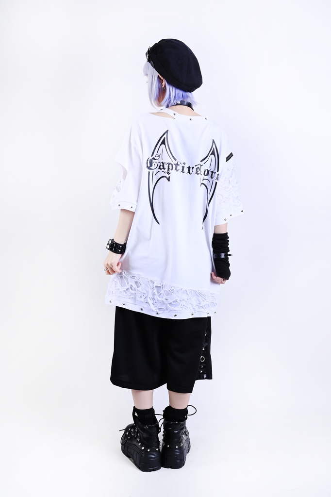 Jillpunk パンクロック V系 バンギャ 囚徒転生 羽柄 チャック スダッズ細工 カットアウト ダメージ加工 ゆったり 半袖Tシャツ カットソー オリジナル メンズ レディーズ おしゃれ男女兼用 お洒落 ファッション カッコいい