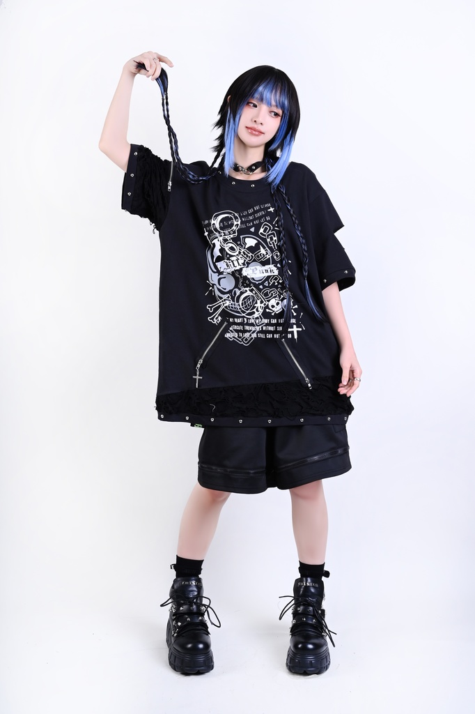 Jillpunk パンクロック V系 バンギャ 囚徒転生 羽柄 チャック スダッズ細工 カットアウト ダメージ加工 ゆったり 半袖Tシャツ カットソー オリジナル メンズ レディーズ おしゃれ男女兼用 お洒落 ファッション カッコいい