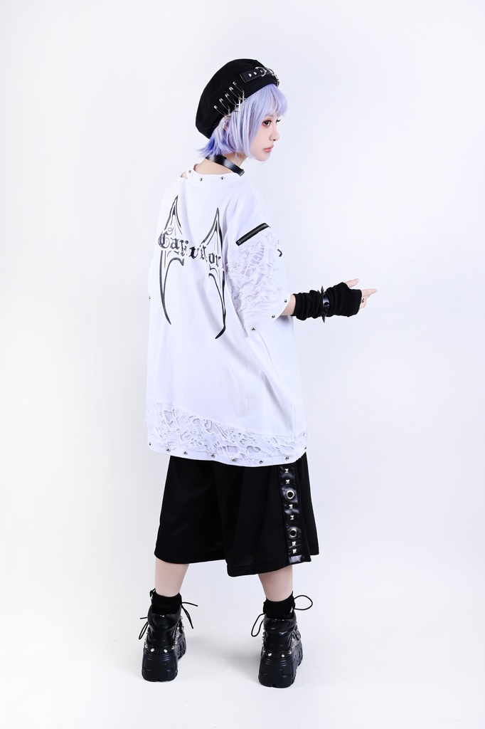 Jillpunk パンクロック V系 バンギャ 囚徒転生 羽柄 チャック スダッズ細工 カットアウト ダメージ加工 ゆったり 半袖Tシャツ カットソー オリジナル メンズ レディーズ おしゃれ男女兼用 お洒落 ファッション カッコいい