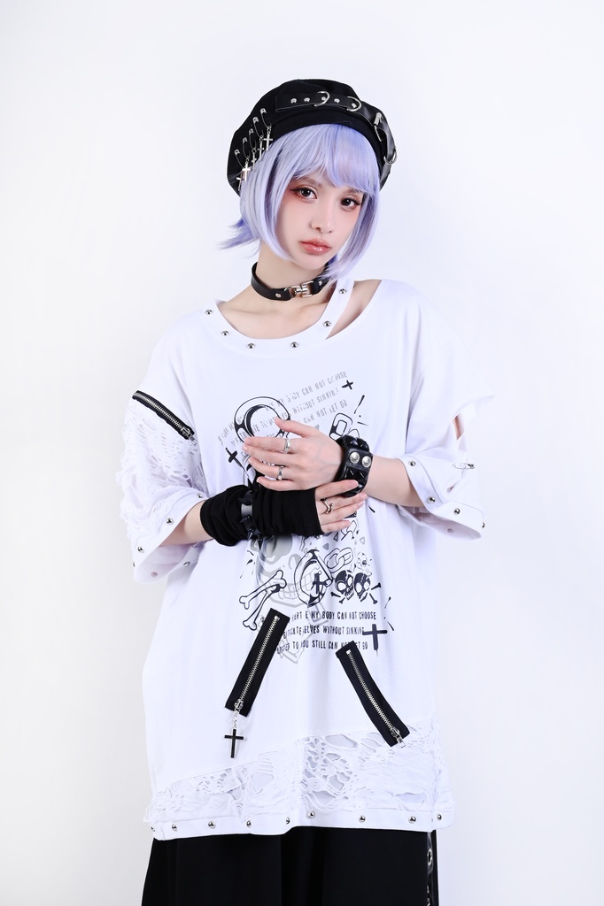 Jillpunk パンクロック V系 バンギャ 囚徒転生 羽柄 チャック スダッズ細工 カットアウト ダメージ加工 ゆったり 半袖Tシャツ カットソー オリジナル メンズ レディーズ おしゃれ男女兼用 お洒落 ファッション カッコいい