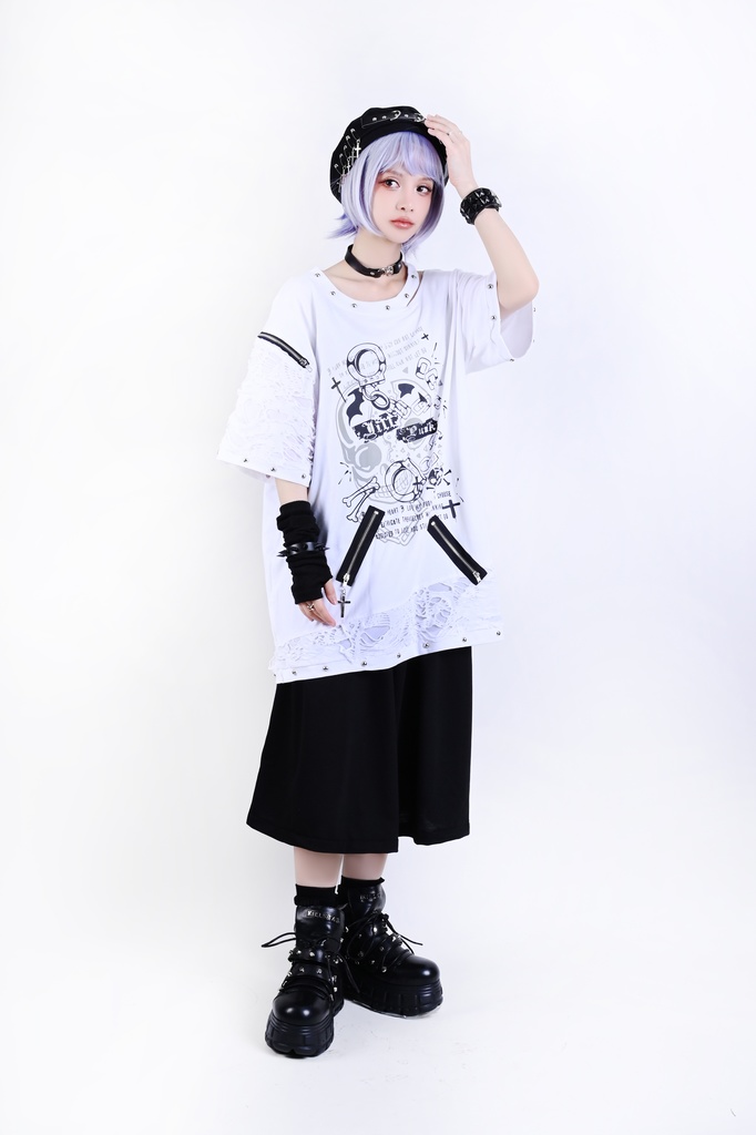 Jillpunk パンクロック V系 バンギャ 囚徒転生 羽柄 チャック スダッズ細工 カットアウト ダメージ加工 ゆったり 半袖Tシャツ カットソー オリジナル メンズ レディーズ おしゃれ男女兼用 お洒落 ファッション カッコいい