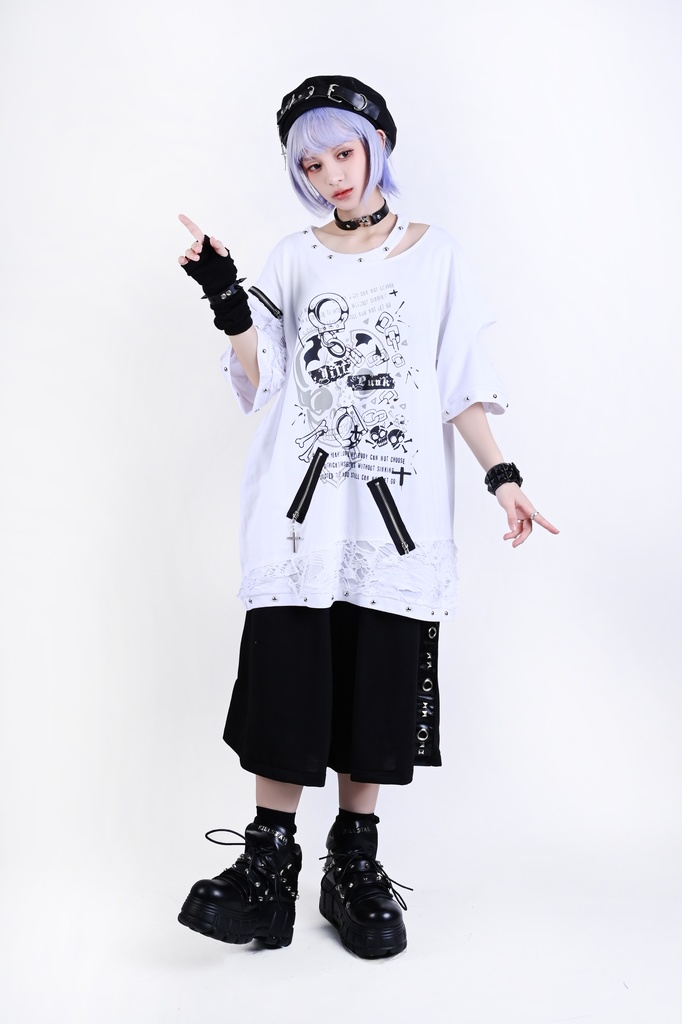 Jillpunk パンクロック V系 バンギャ 囚徒転生 羽柄 チャック スダッズ細工 カットアウト ダメージ加工 ゆったり 半袖Tシャツ カットソー オリジナル メンズ レディーズ おしゃれ男女兼用 お洒落 ファッション カッコいい