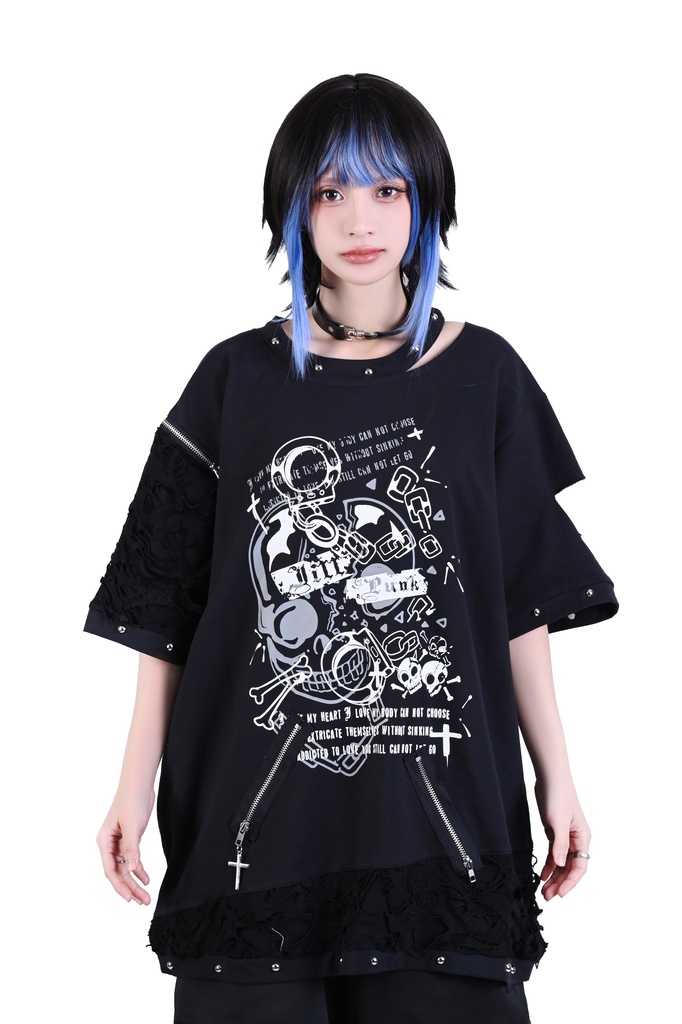 Jillpunk パンクロック V系 バンギャ 囚徒転生 羽柄 チャック スダッズ細工 カットアウト ダメージ加工 ゆったり 半袖Tシャツ カットソー オリジナル メンズ レディーズ おしゃれ男女兼用 お洒落 ファッション カッコいい