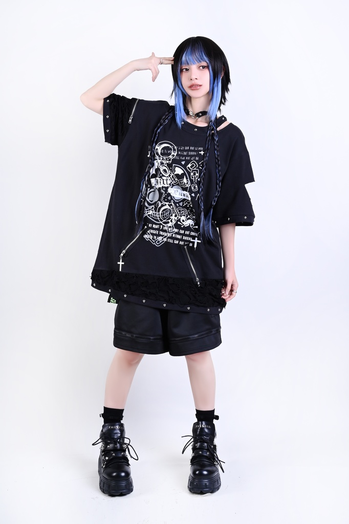 Jillpunk パンクロック V系 バンギャ 囚徒転生 羽柄 チャック スダッズ細工 カットアウト ダメージ加工 ゆったり 半袖Tシャツ カットソー オリジナル メンズ レディーズ おしゃれ男女兼用 お洒落 ファッション カッコいい