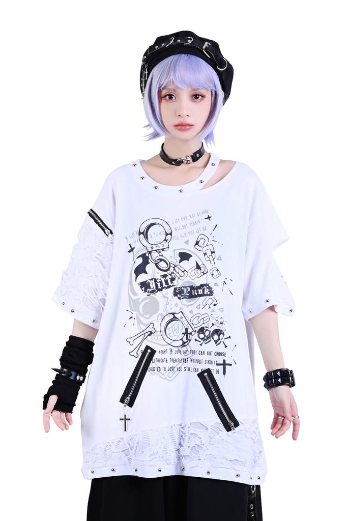 Jillpunk パンクロック V系 バンギャ 囚徒転生 羽柄 チャック スダッズ細工 カットアウト ダメージ加工 ゆったり 半袖Tシャツ カットソー オリジナル メンズ レディーズ おしゃれ男女兼用 お洒落 ファッション カッコいい