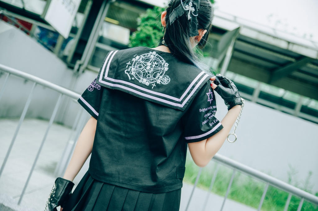 Jillpunk オタク界隈 和洋折衷 和洋風 七つの大罪 漢字魔法陣柄 蝶ネクタイ鎖チェーン付き 改良制服 セーラー服ジャケット 男女兼用 オリジナル メンズ レディー アニメ風 カッコいい おしゃれ 男女兼用ファッション