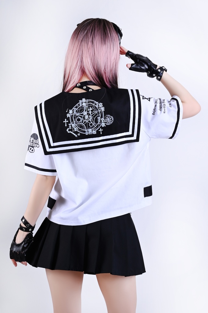 Jillpunk オタク界隈 和洋折衷 和洋風 七つの大罪 漢字魔法陣柄 蝶ネクタイ鎖チェーン付き 改良制服 セーラー服ジャケット 男女兼用 オリジナル メンズ レディー アニメ風 カッコいい おしゃれ 男女兼用ファッション