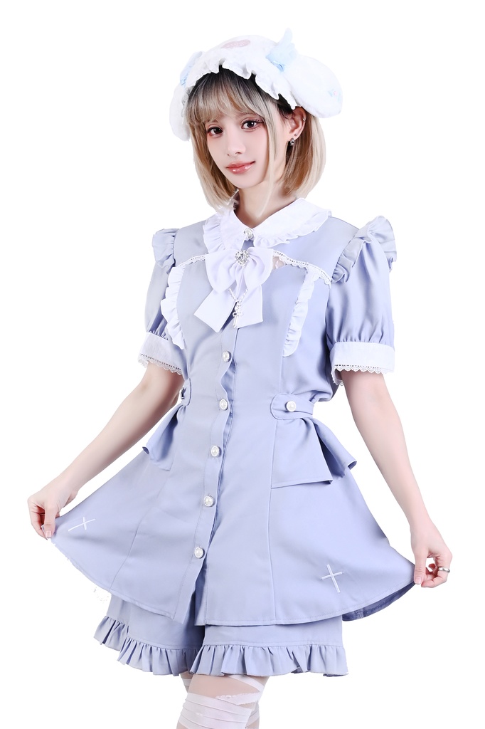 Jillpunk 量産型 天使界隈 共鳴大聖堂 ゴシックロリータ 十字刺繍 蝶ネクタイ ベルト付き バブルスリーブ 半袖ワンピース シャツドレス フリルショーパン 2点セット 姫系 可愛い おしゃれ ファッション萌え 秋葉原