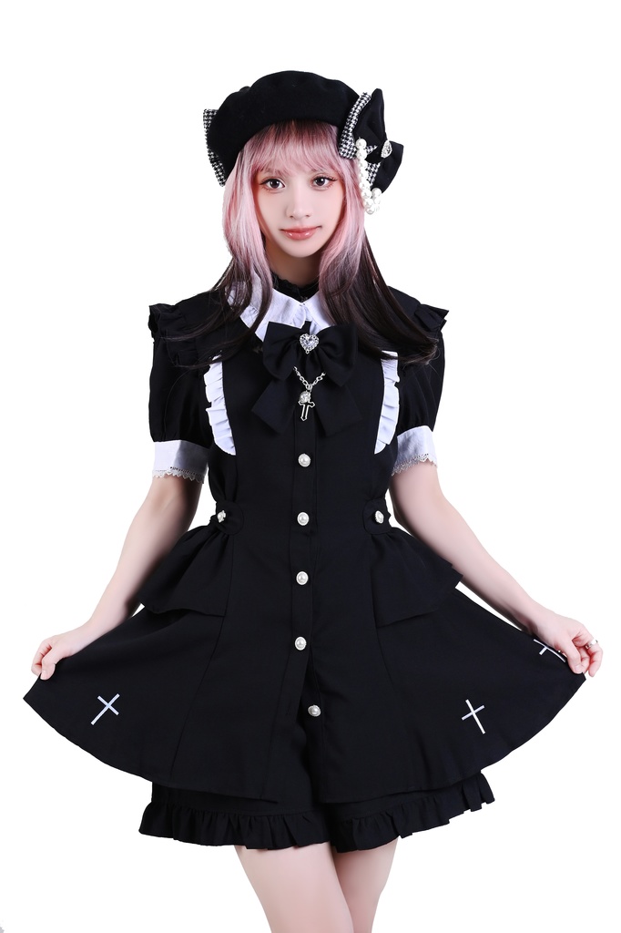 Jillpunk 量産型 天使界隈 共鳴大聖堂 ゴシックロリータ 十字刺繍 蝶ネクタイ ベルト付き バブルスリーブ 半袖ワンピース シャツドレス フリルショーパン 2点セット 姫系 可愛い おしゃれ ファッション萌え 秋葉原