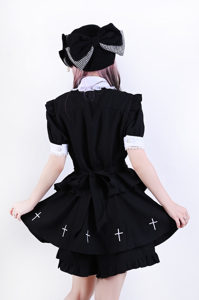 Jillpunk 量産型 天使界隈 共鳴大聖堂 ゴシックロリータ 十字刺繍 蝶ネクタイ ベルト付き バブルスリーブ 半袖ワンピース シャツドレス フリルショーパン 2点セット 姫系 可愛い おしゃれ ファッション萌え 秋葉原