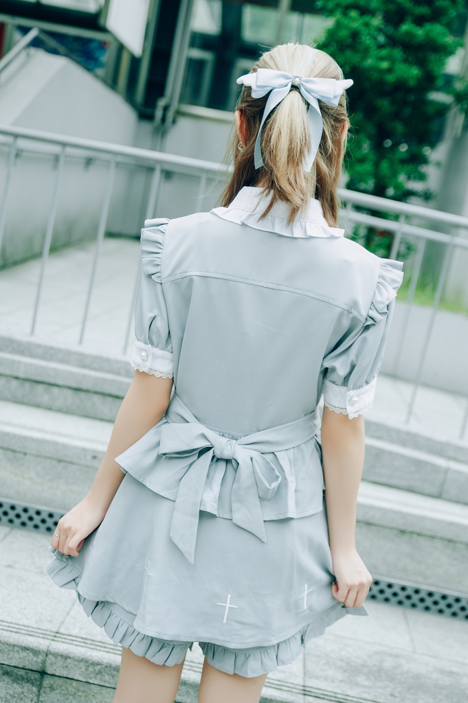 Jillpunk 量産型 天使界隈 共鳴大聖堂 ゴシックロリータ 十字刺繍 蝶ネクタイ ベルト付き バブルスリーブ 半袖ワンピース シャツドレス フリルショーパン 2点セット 姫系 可愛い おしゃれ ファッション萌え 秋葉原