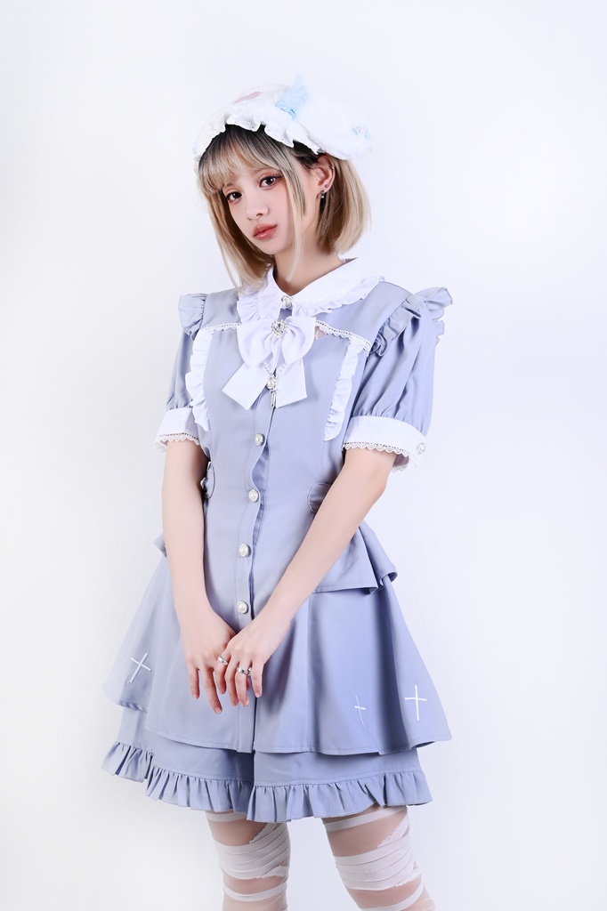 Jillpunk 量産型 天使界隈 共鳴大聖堂 ゴシックロリータ 十字刺繍 蝶ネクタイ ベルト付き バブルスリーブ 半袖ワンピース シャツドレス フリルショーパン 2点セット 姫系 可愛い おしゃれ ファッション萌え 秋葉原