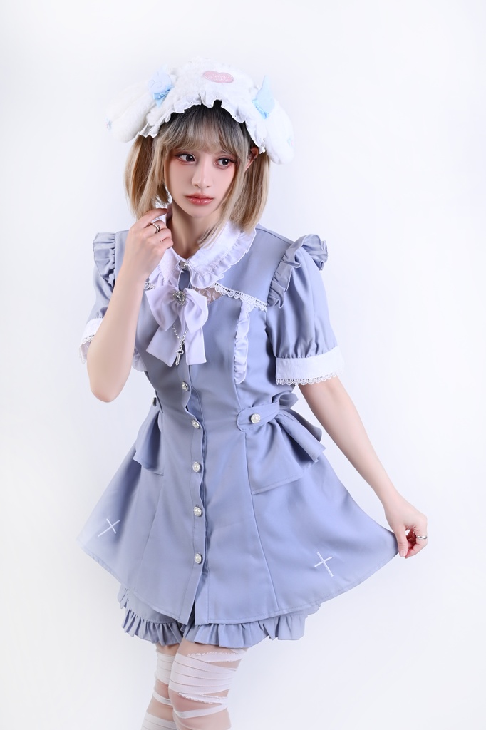 Jillpunk 量産型 天使界隈 共鳴大聖堂 ゴシックロリータ 十字刺繍 蝶ネクタイ ベルト付き バブルスリーブ 半袖ワンピース シャツドレス フリルショーパン 2点セット 姫系 可愛い おしゃれ ファッション萌え 秋葉原