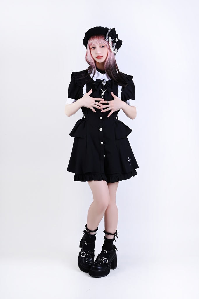 Jillpunk 量産型 天使界隈 共鳴大聖堂 ゴシックロリータ 十字刺繍 蝶ネクタイ ベルト付き バブルスリーブ 半袖ワンピース シャツドレス フリルショーパン 2点セット 姫系 可愛い おしゃれ ファッション萌え 秋葉原