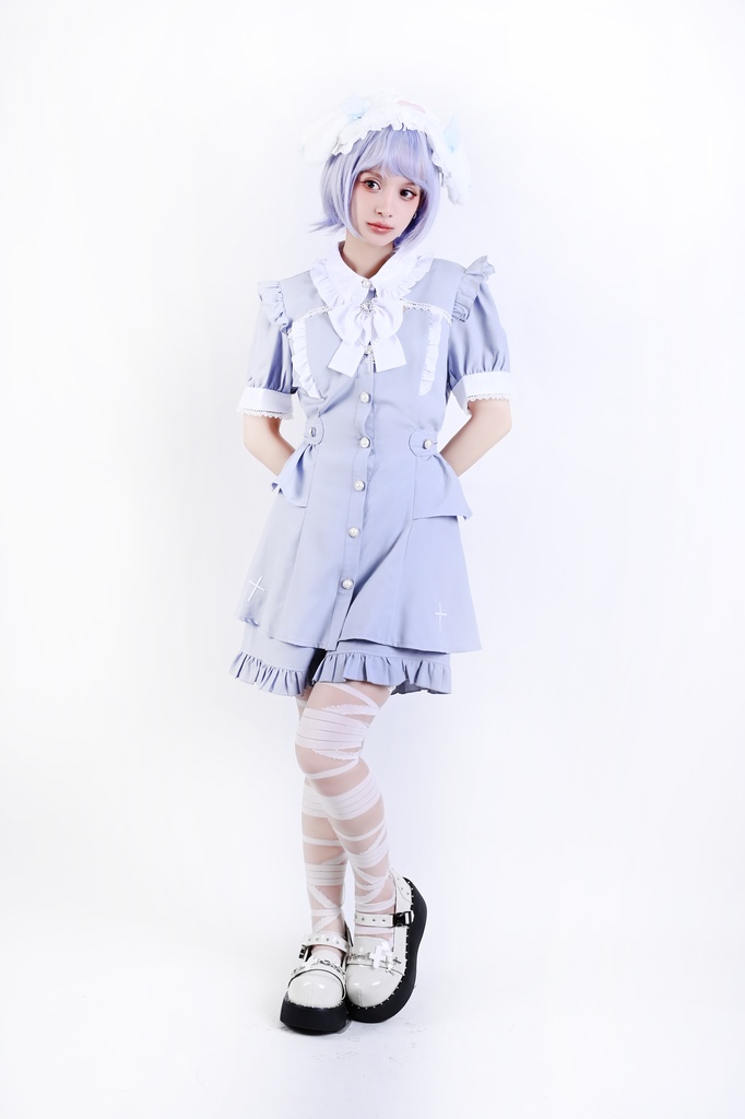 Jillpunk 量産型 天使界隈 共鳴大聖堂 ゴシックロリータ 十字刺繍 蝶ネクタイ ベルト付き バブルスリーブ 半袖ワンピース シャツドレス フリルショーパン 2点セット 姫系 可愛い おしゃれ ファッション萌え 秋葉原