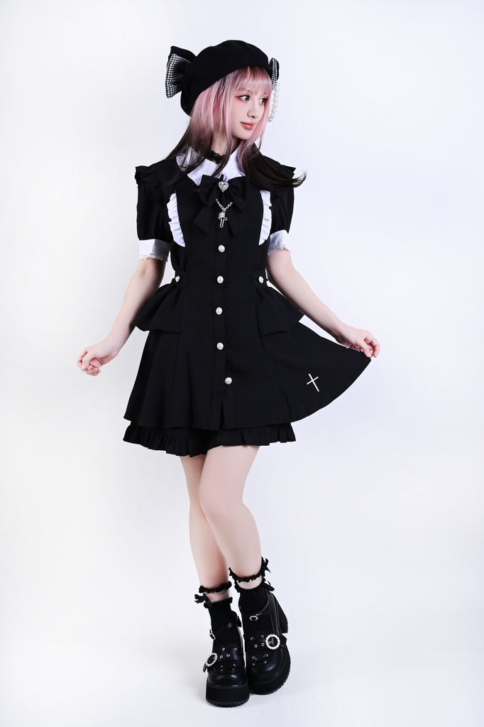 Jillpunk 量産型 天使界隈 共鳴大聖堂 ゴシックロリータ 十字刺繍 蝶ネクタイ ベルト付き バブルスリーブ 半袖ワンピース シャツドレス フリルショーパン 2点セット 姫系 可愛い おしゃれ ファッション萌え 秋葉原