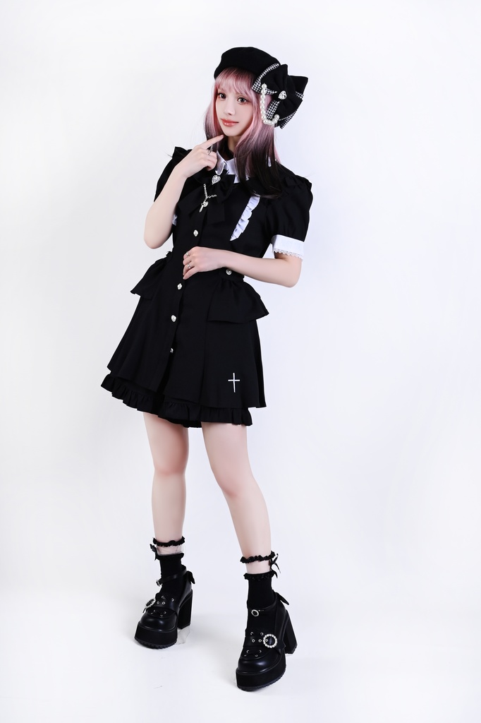 Jillpunk 量産型 天使界隈 共鳴大聖堂 ゴシックロリータ 十字刺繍 蝶ネクタイ ベルト付き バブルスリーブ 半袖ワンピース シャツドレス フリルショーパン 2点セット 姫系 可愛い おしゃれ ファッション萌え 秋葉原